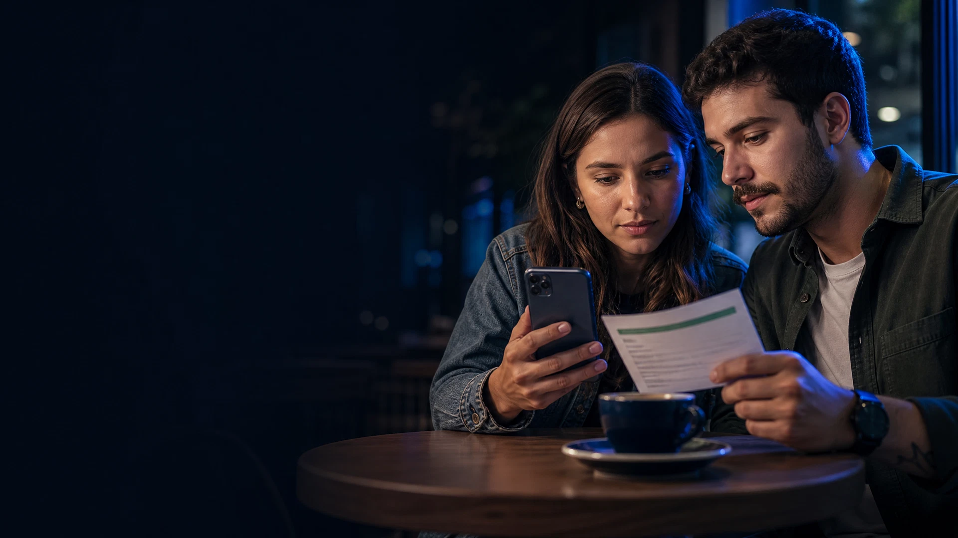 Duas pessoas conferindo um celular usado antes de fechar a negociação