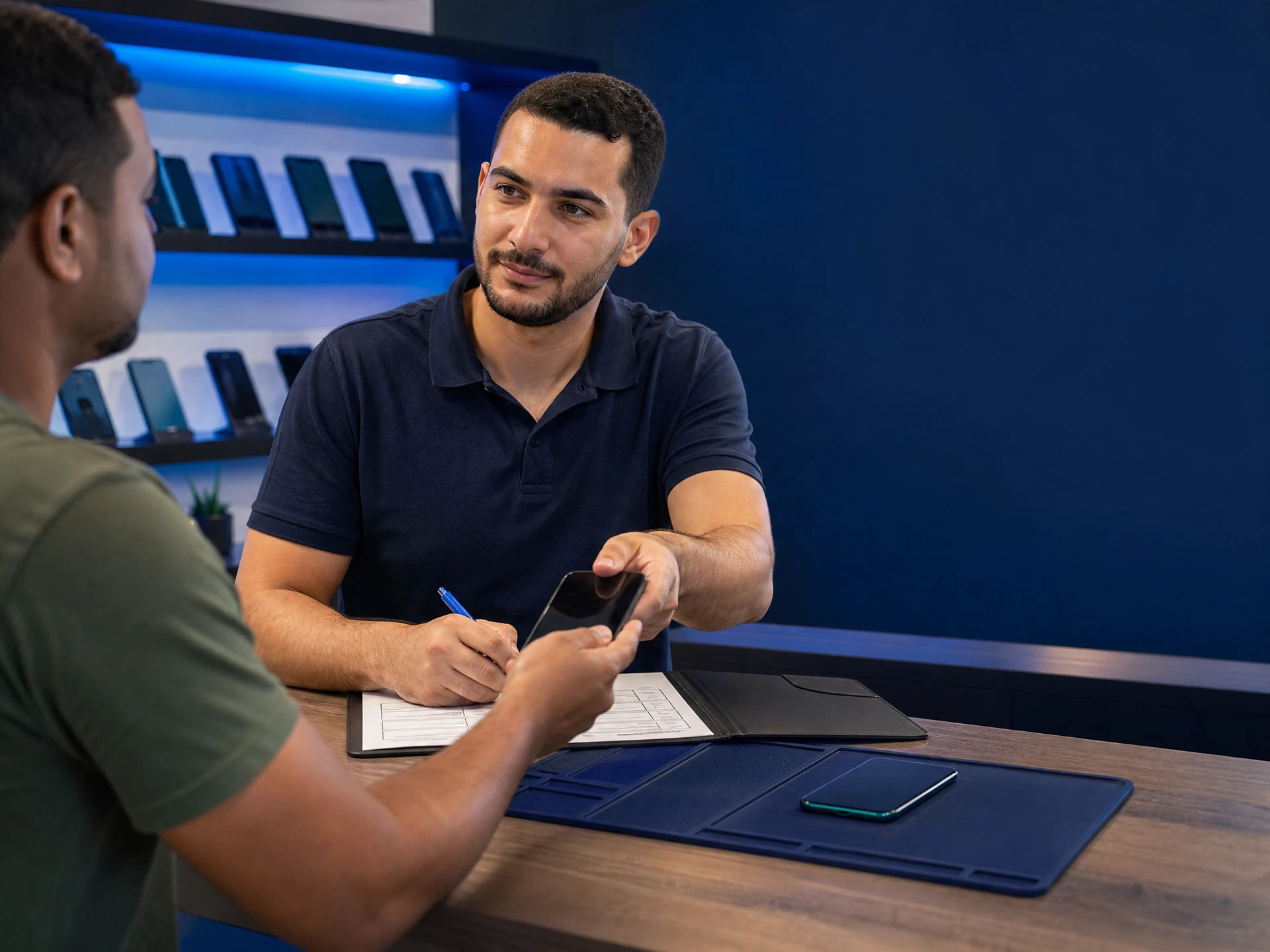 Atendente registrando a compra de um celular usado no balcão da loja