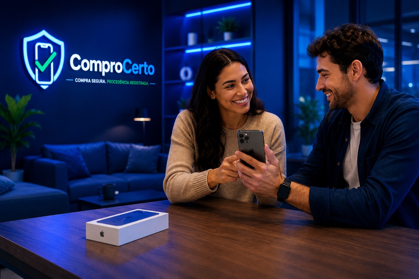 Comprador e vendedor conferindo um celular usado com o ComproCerto